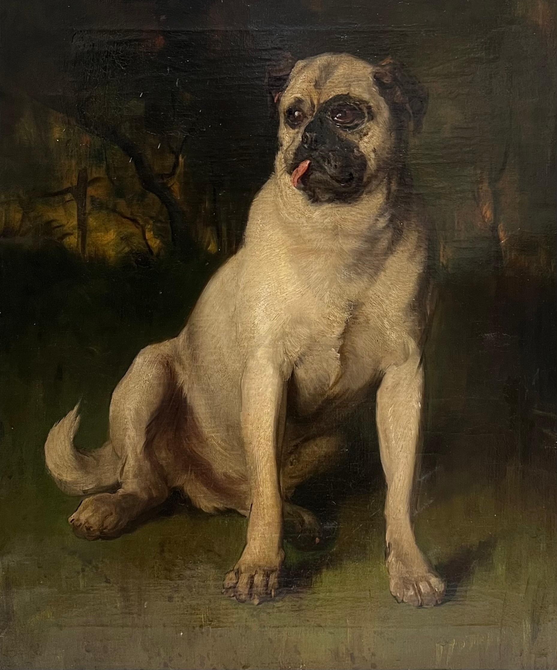 Fine 19th Century French Dog Oil Painting Portrait of a Pug in Wooded Landscape - Black Animal Painting by French School 