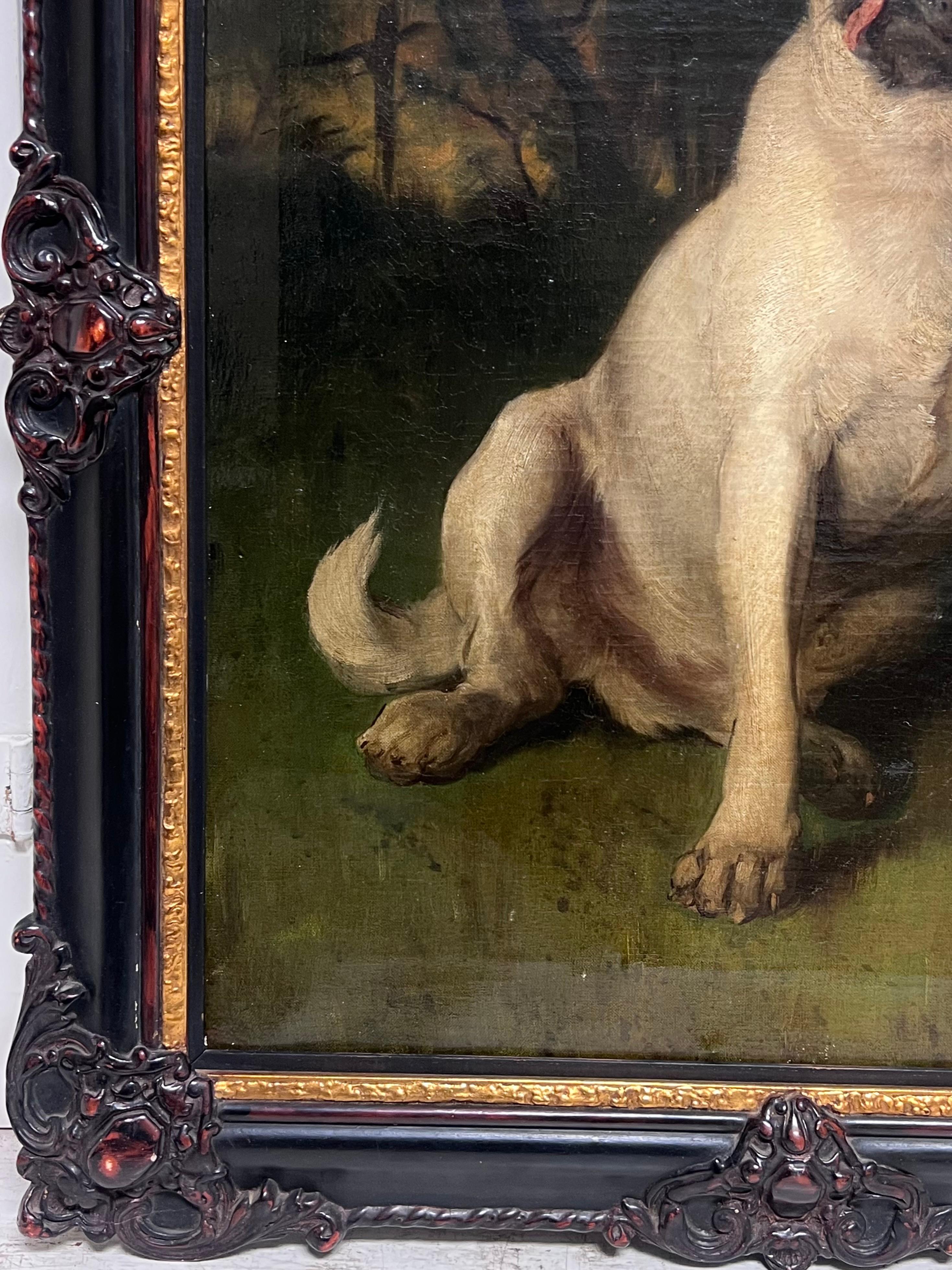 Fine 19th Century French Dog Oil Painting Portrait of a Pug in Wooded Landscape For Sale 1
