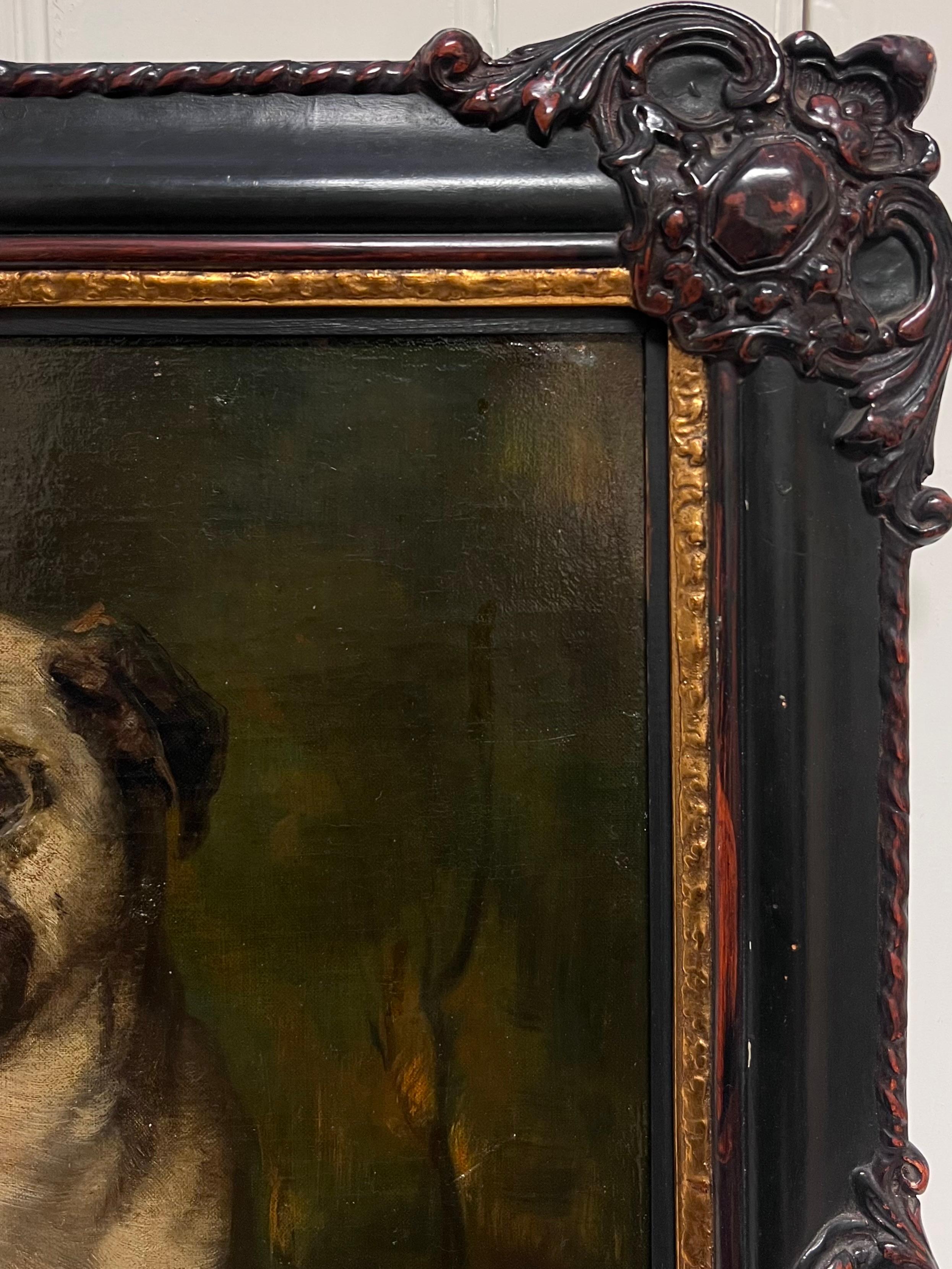Fine 19th Century French Dog Oil Painting Portrait of a Pug in Wooded Landscape For Sale 4