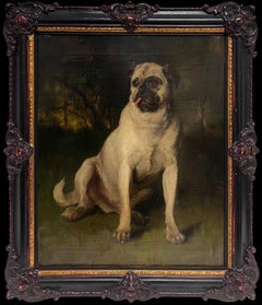 Fine 19th Century French Dog Oil Painting Portrait of a Pug in Wooded Landscape