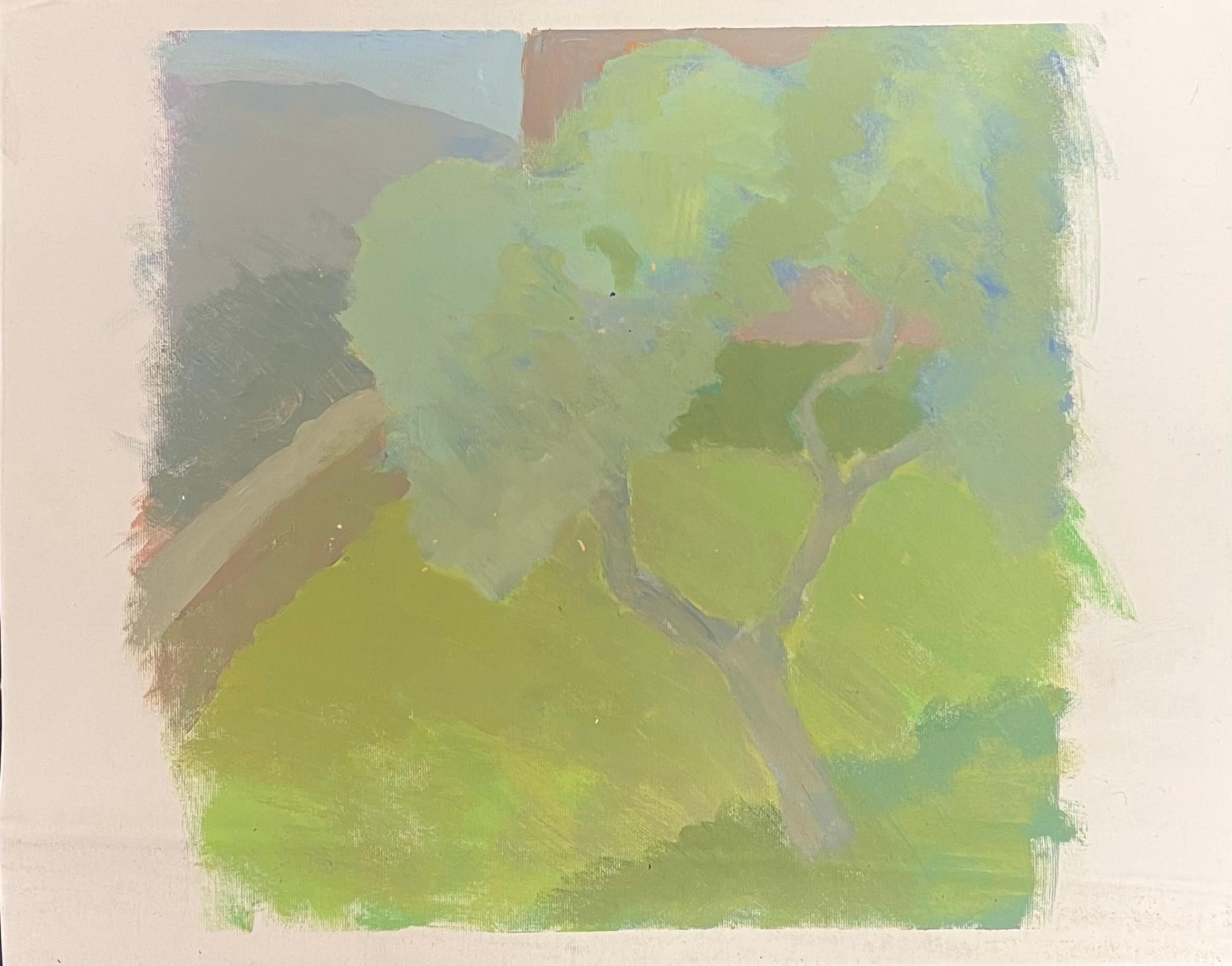Peinture à l'huile moderniste française Paysage aux tons verts avec maison rose - Painting de French School 