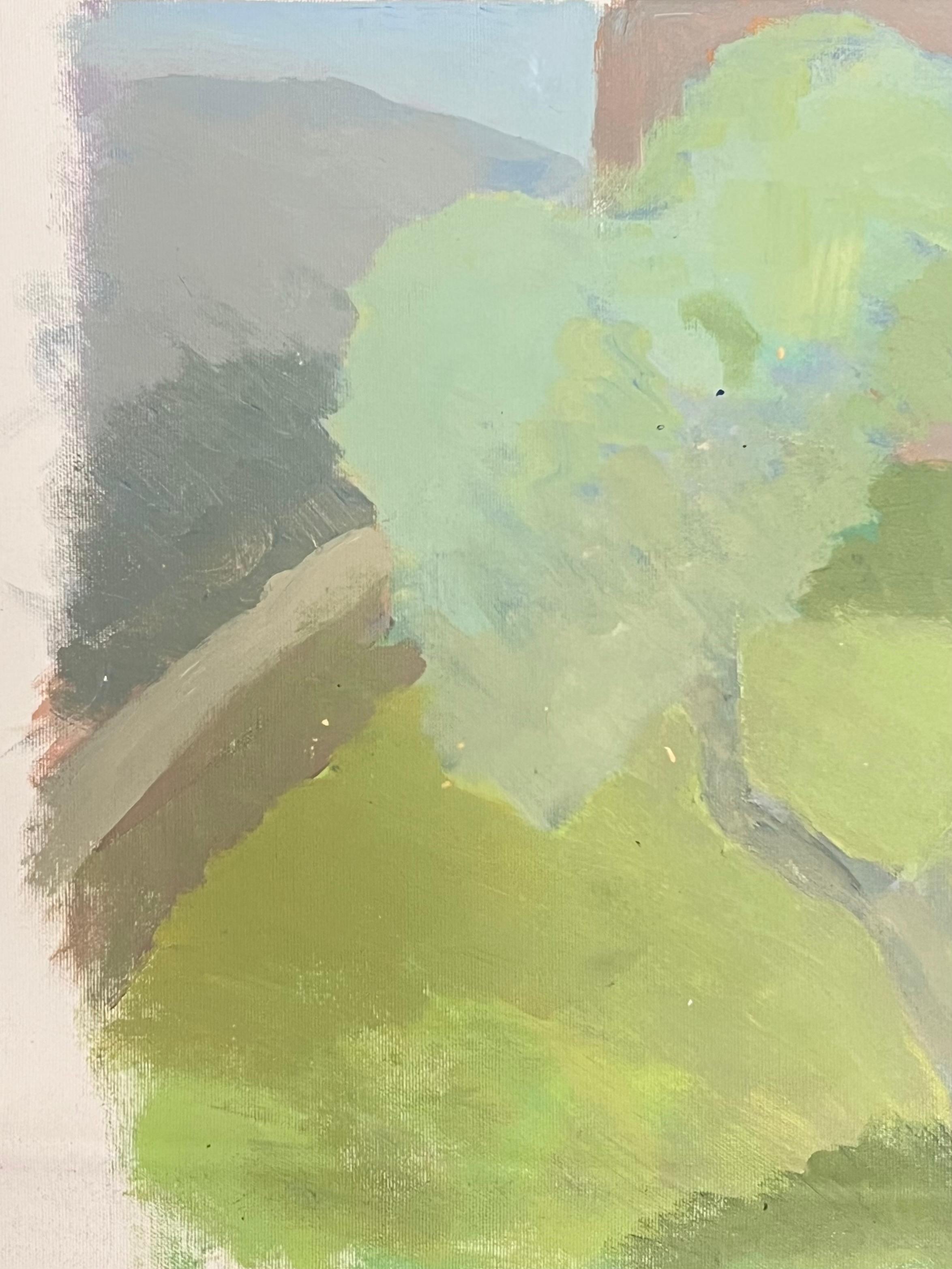 Peinture à l'huile moderniste française Paysage aux tons verts avec maison rose - Moderne Painting par French School 