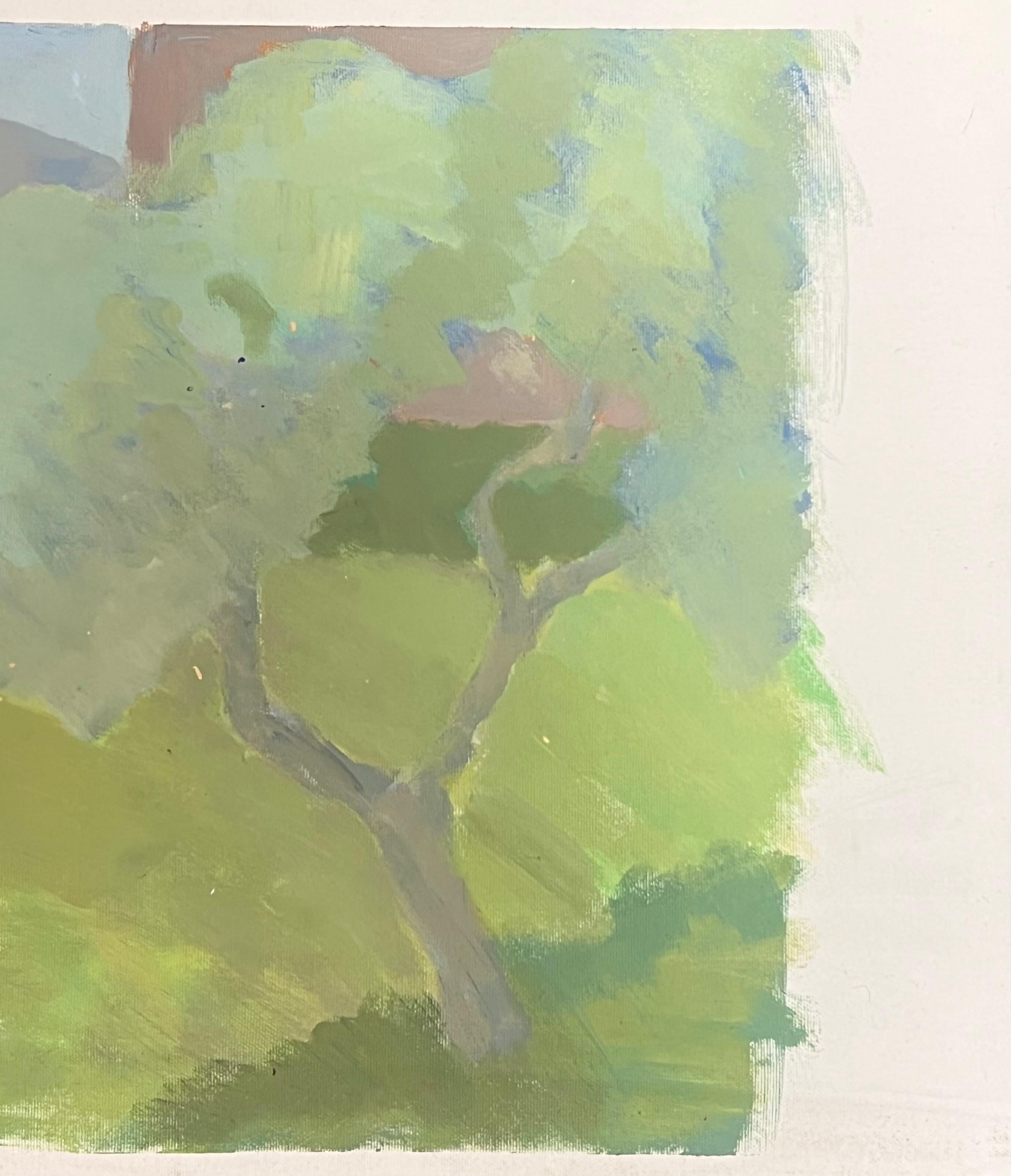 Peinture à l'huile moderniste française Paysage aux tons verts avec maison rose - Marron Landscape Painting par French School 