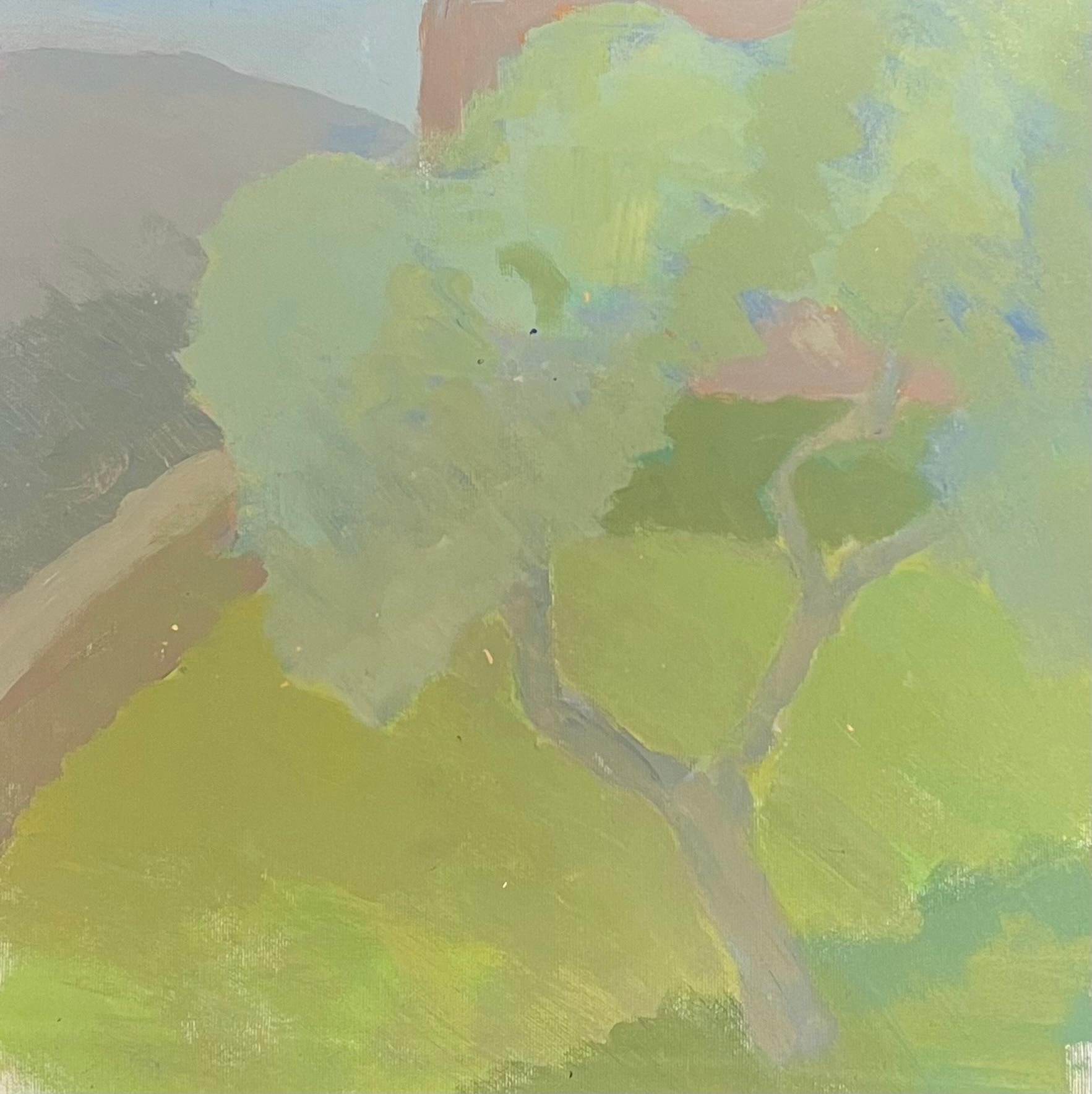 Peinture à l'huile moderniste française Paysage aux tons verts avec maison rose