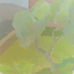 French Modernist Oil Painting Green Tonal Landscape with Pink House
