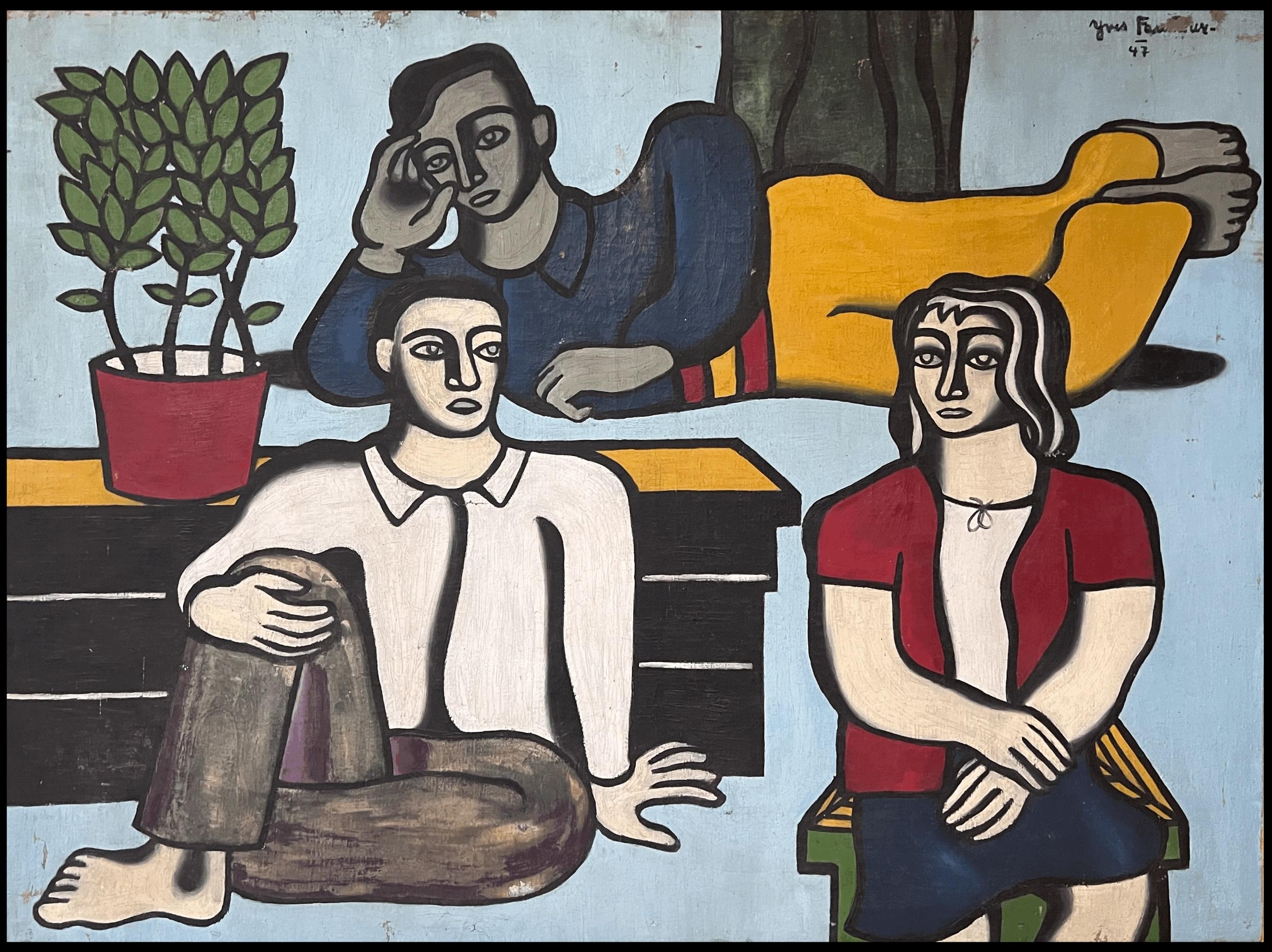 Huge 1940's Circle of Fernand Leger Figurative Portraits Oil Painting on Canvas