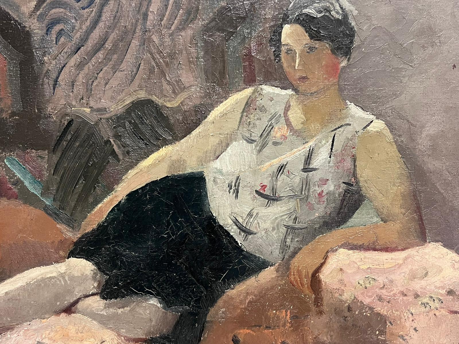 Mid 20th Century French Modernist Signed Oil Painting Lady Reclining on Sofa For Sale 1