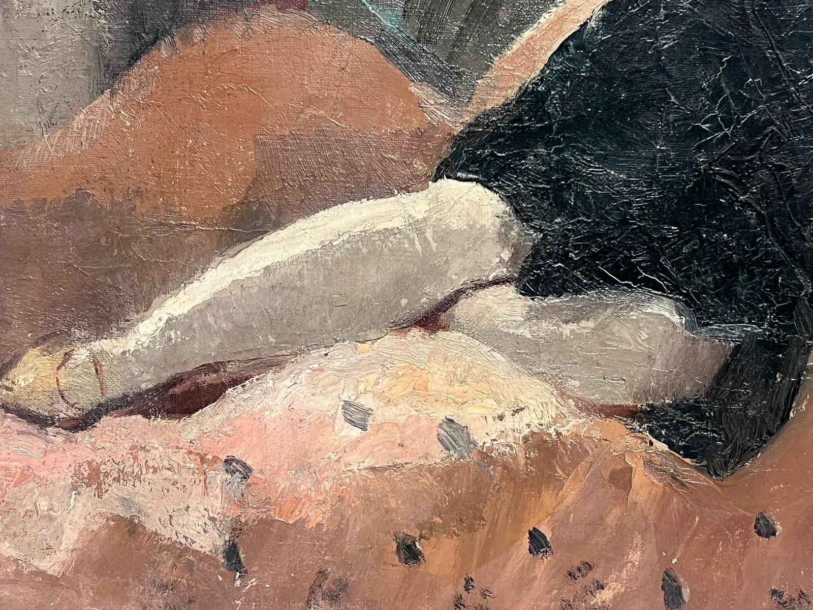Mid 20th Century French Modernist Signed Oil Painting Lady Reclining on Sofa For Sale 2