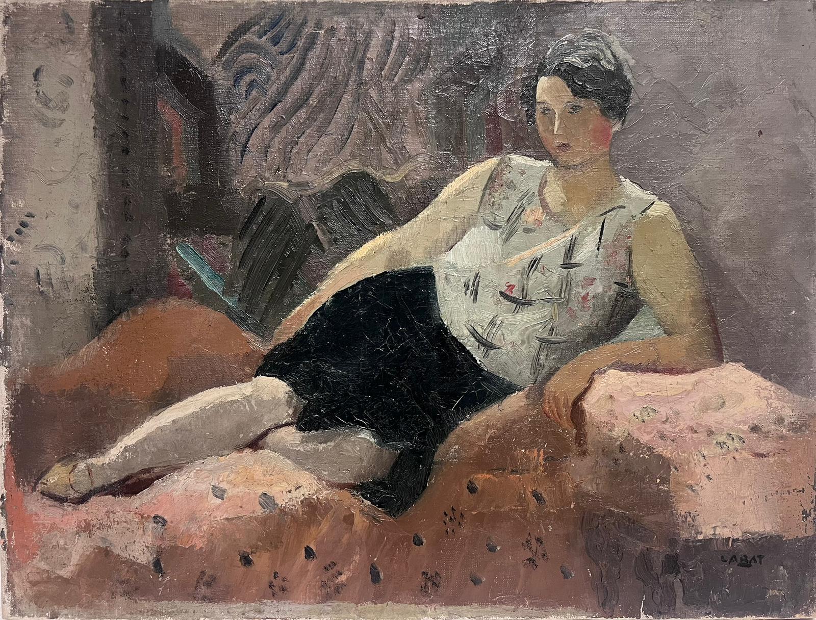French School  Figurative Painting - Mid 20th Century French Modernist Signed Oil Painting Lady Reclining on Sofa