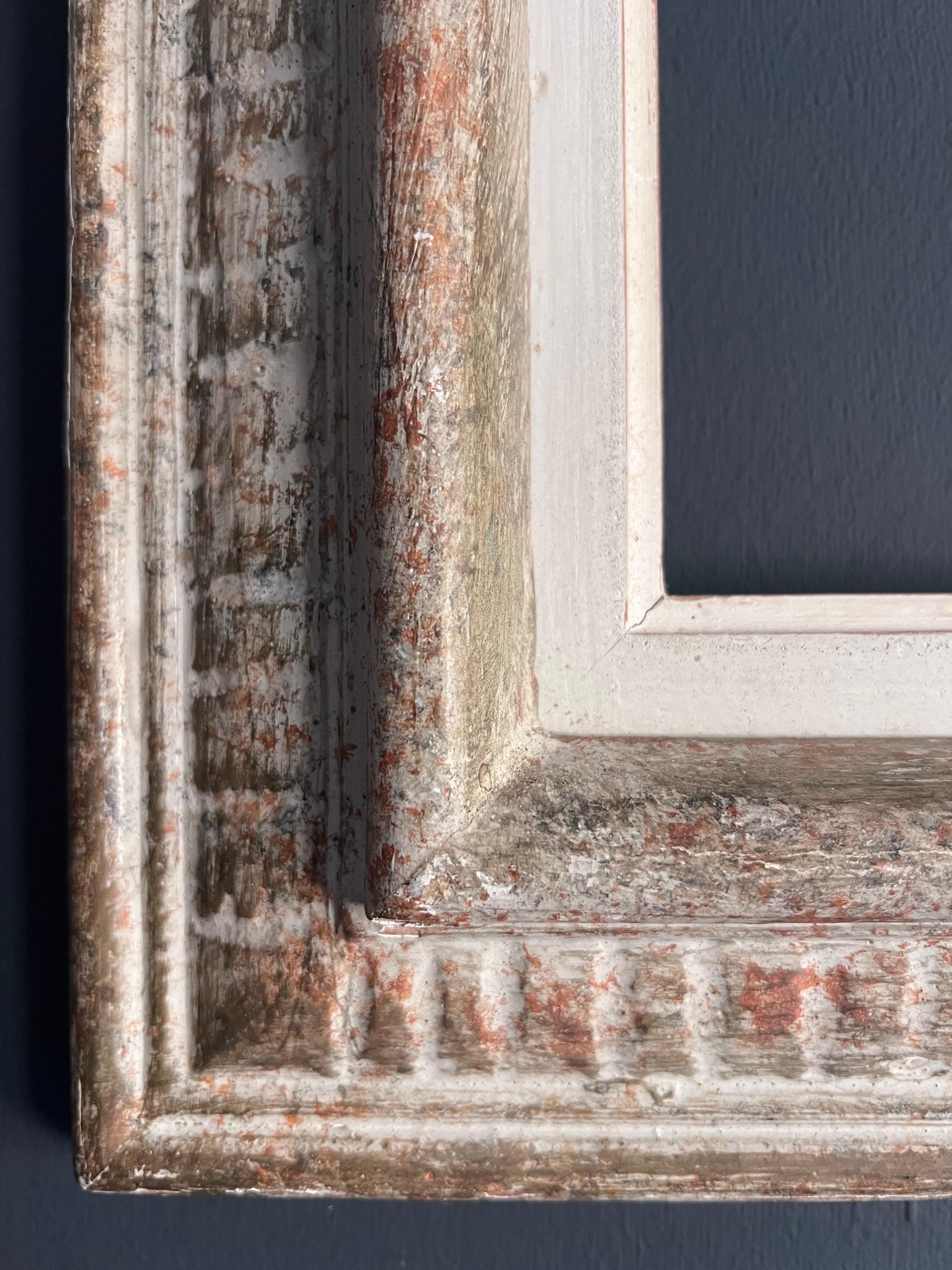 French mid 20th century
Wood and plaster frame
Internal measurement (to house painting or mirror): 16 x 13 inches
Overal outer measurements: 22 x 19 inches
Provenance: from a collection in Paris
Condition: all old picture frames are extremely