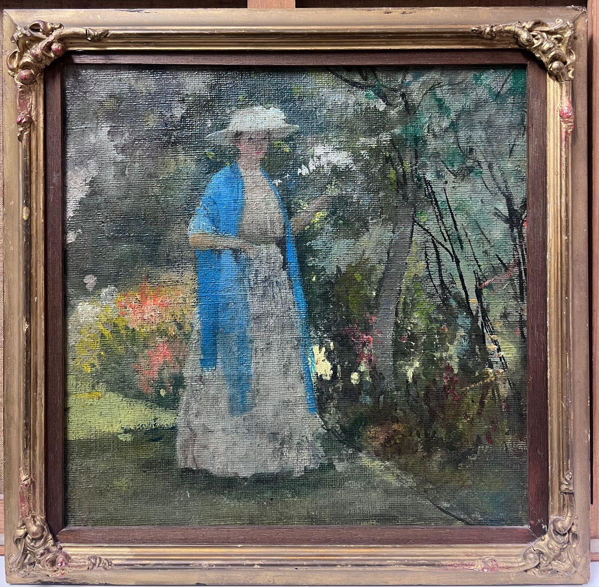 Pittura ad olio francese di inizio '900 della Scuola Nabis Signora con sciarpa blu in giardino floreale - Painting di French School 