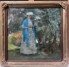 Französisches Ölgemälde der Nabis-Schule, frühe 1900er Jahre, Dame in blauem Schal in Blumengarten, Französisch