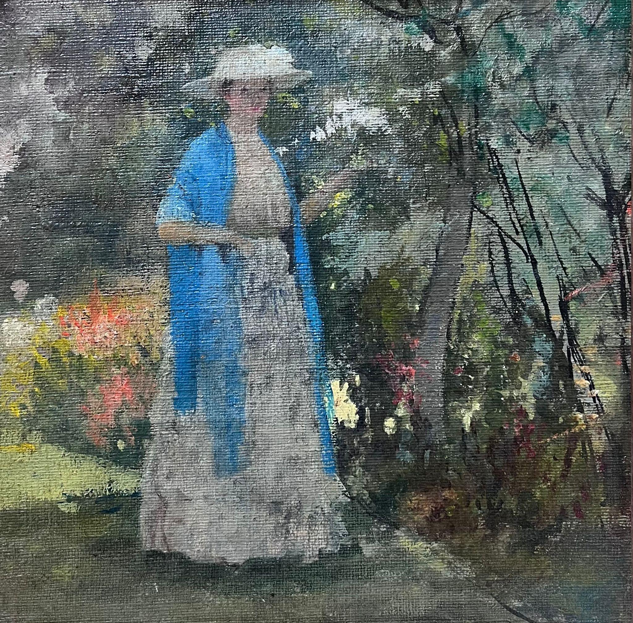 French School  Figurative Painting - Nabis School Early 1900s French Oil Painting Lady in Blue Scarf in Floral Garden