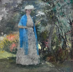 Nabis School Early 1900s French Oil Painting Lady in Blue Scarf in Floral Garden