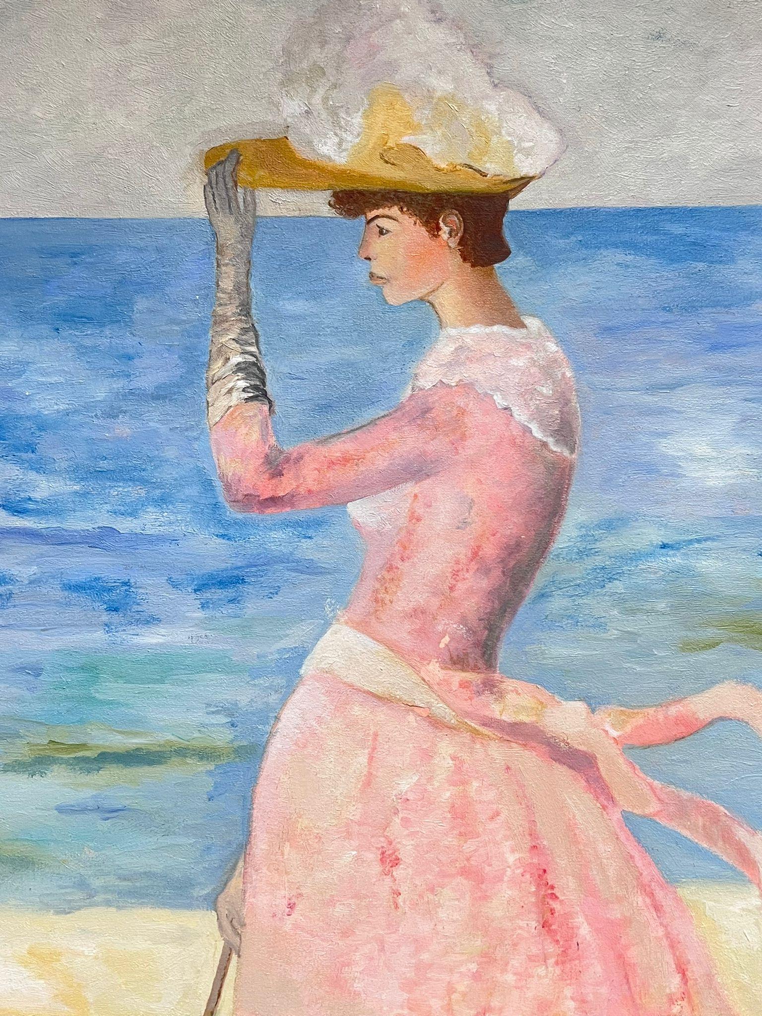 Portrait d'élégante femme en robe rose avec parasol par Beach, huile française d'origine - Painting de French School 