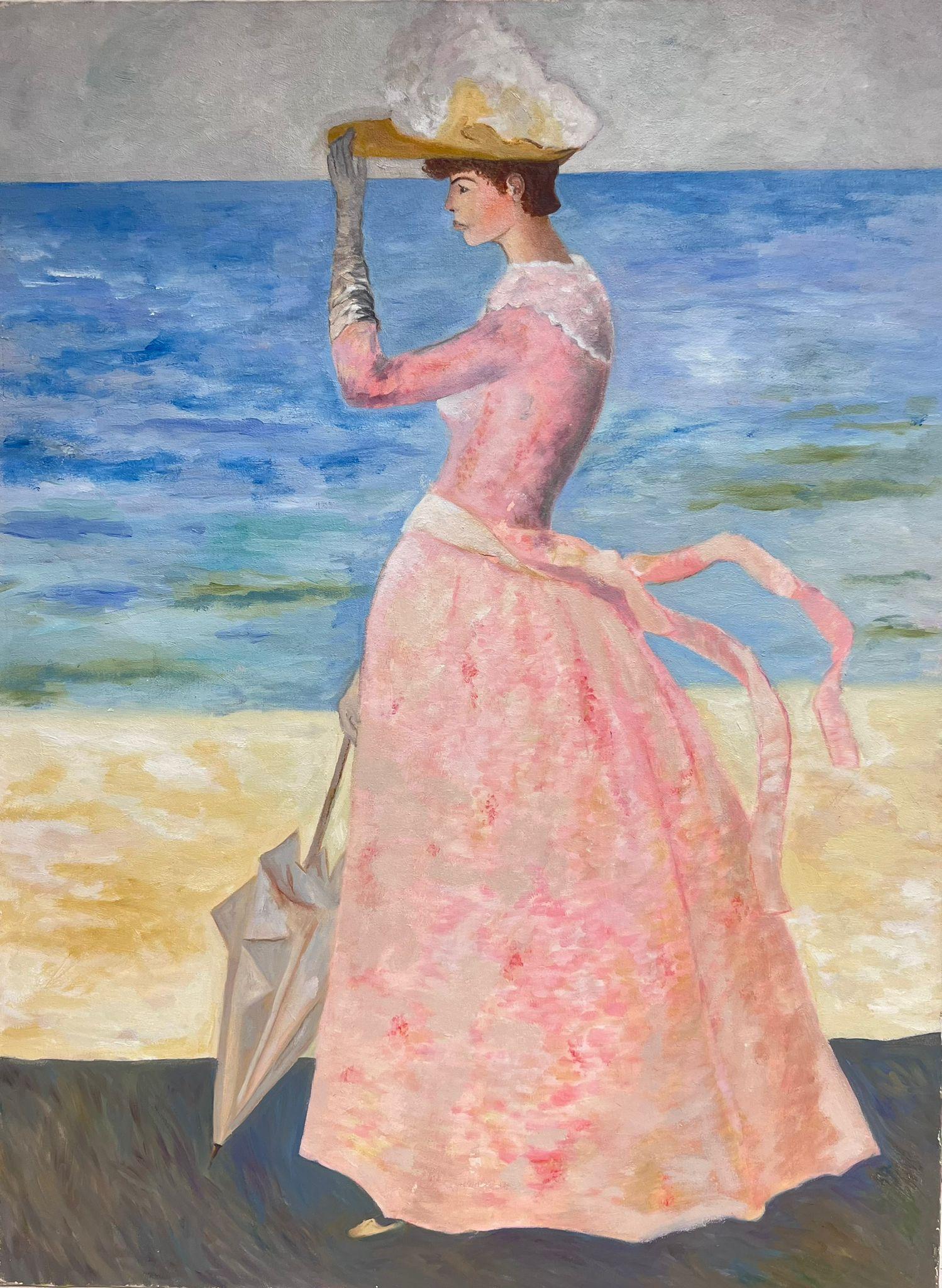 Portrait of Elegant Lady in Pink Dress with Parasol by Beach Original French Oil - Modern Painting by French School 
