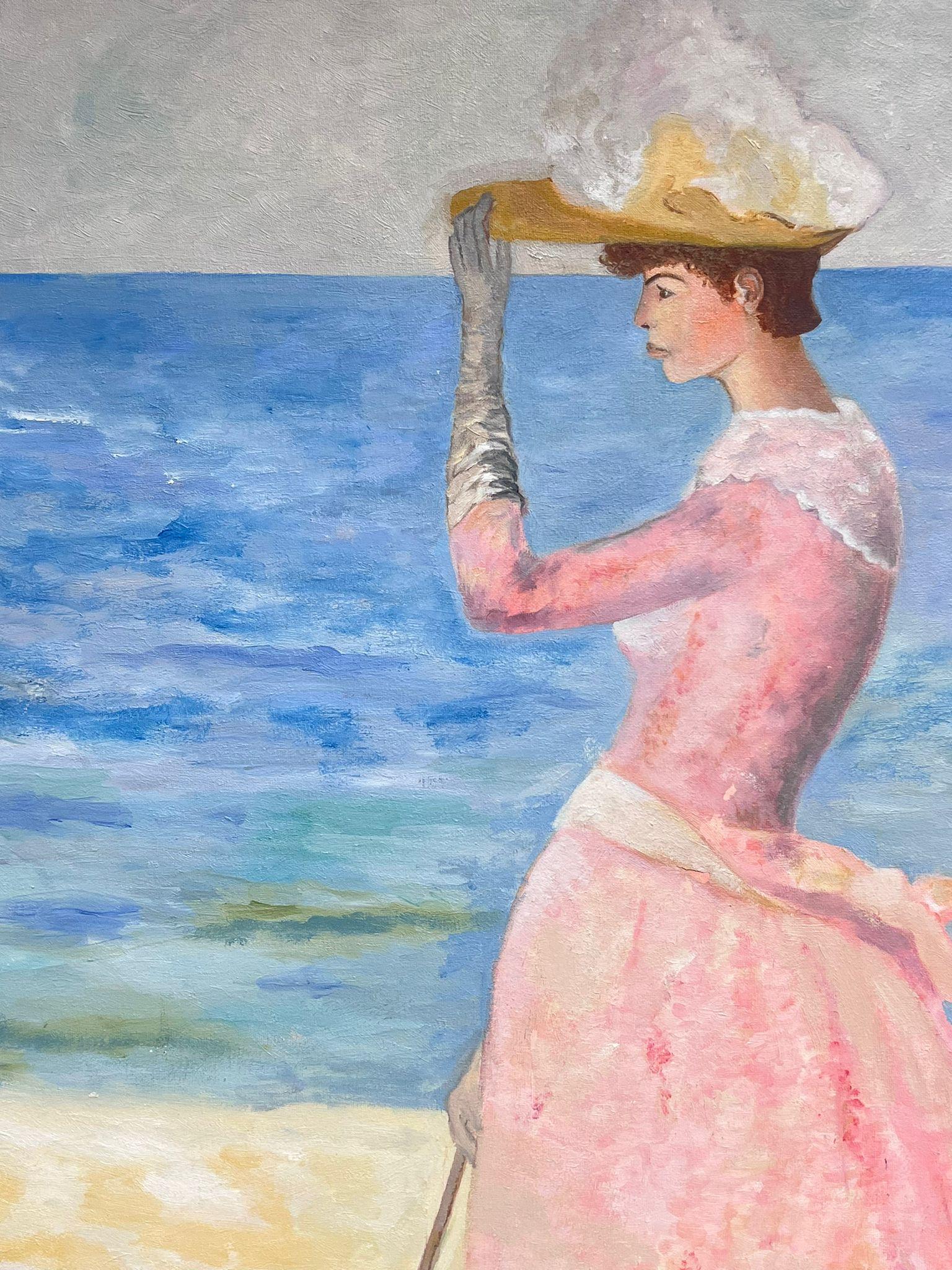 Portrait of Elegant Lady in Pink Dress with Parasol by Beach Original French Oil - Gray Figurative Painting by French School 