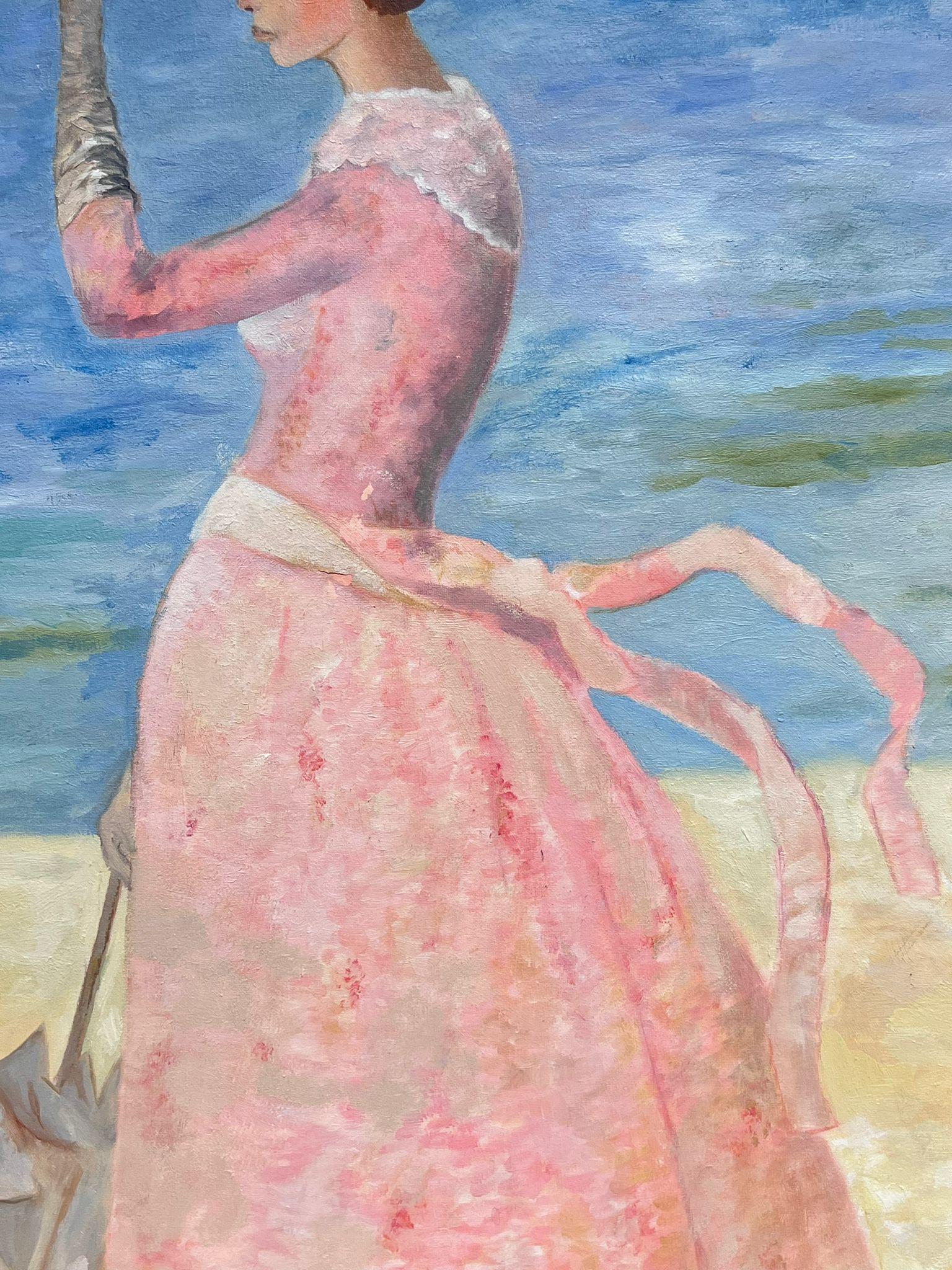 Portrait of Elegant Lady in Pink Dress with Parasol by Beach Original French Oil For Sale 3