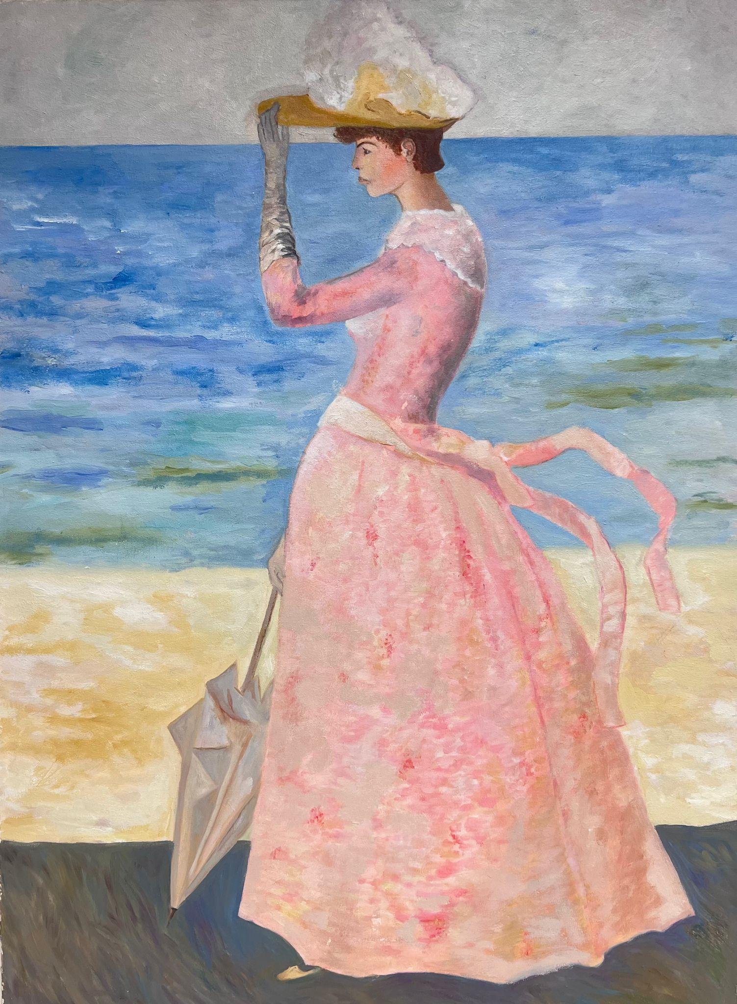 Figurative Painting French School  - Portrait d'élégante femme en robe rose avec parasol par Beach, huile française d'origine