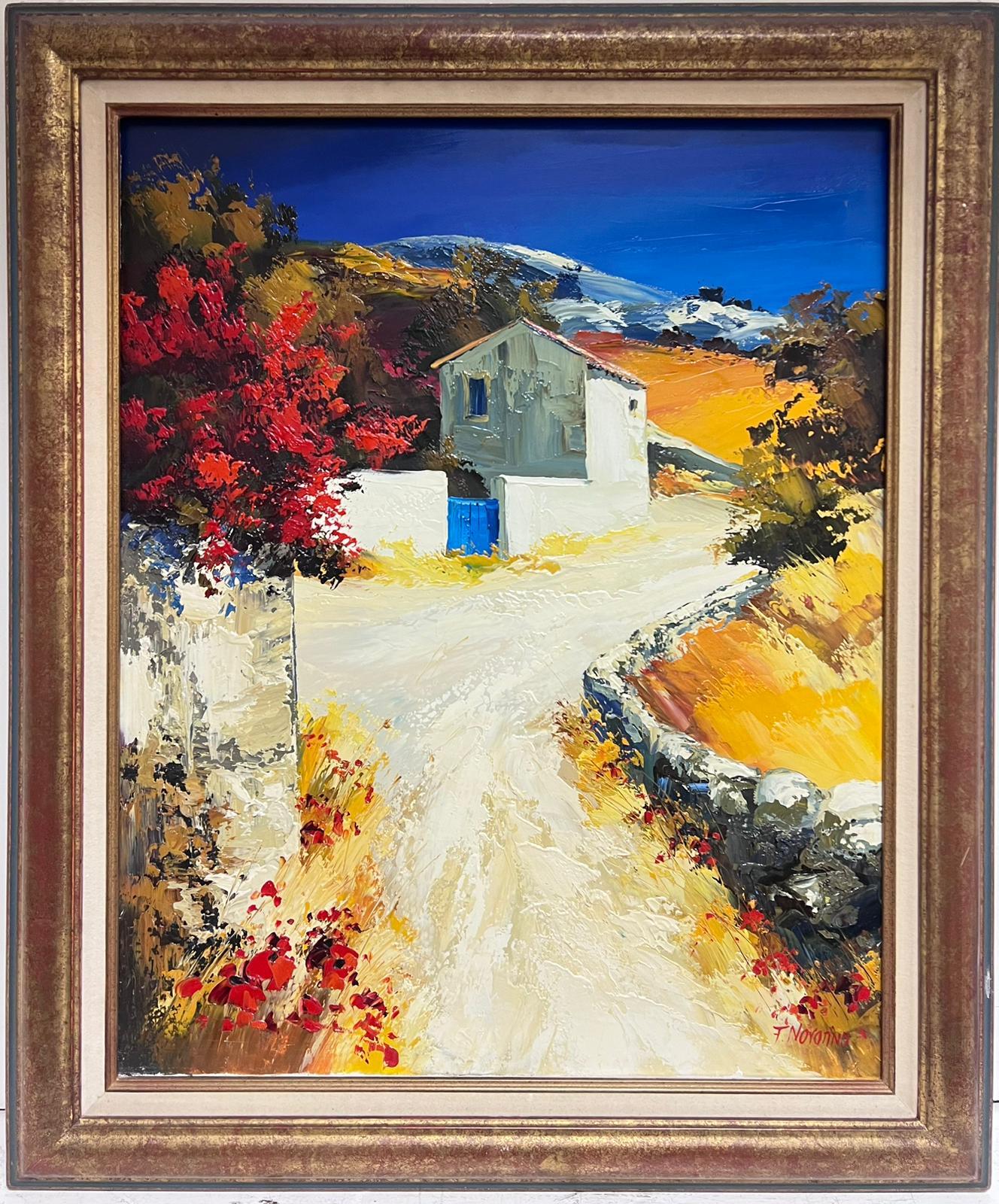 Provencal House in Landscape under Blue Skies Signed French Modernist Large Oil  - Painting by French School 