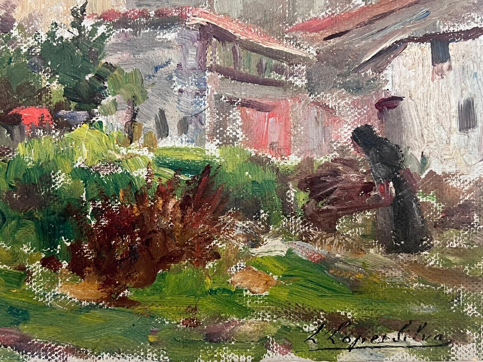 Scène de village rustique avec jardin vert et paysage de village de campagne - Painting de French School 