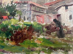 Rustic Countryside Village Scene with Green Garden and Country Village Landscape