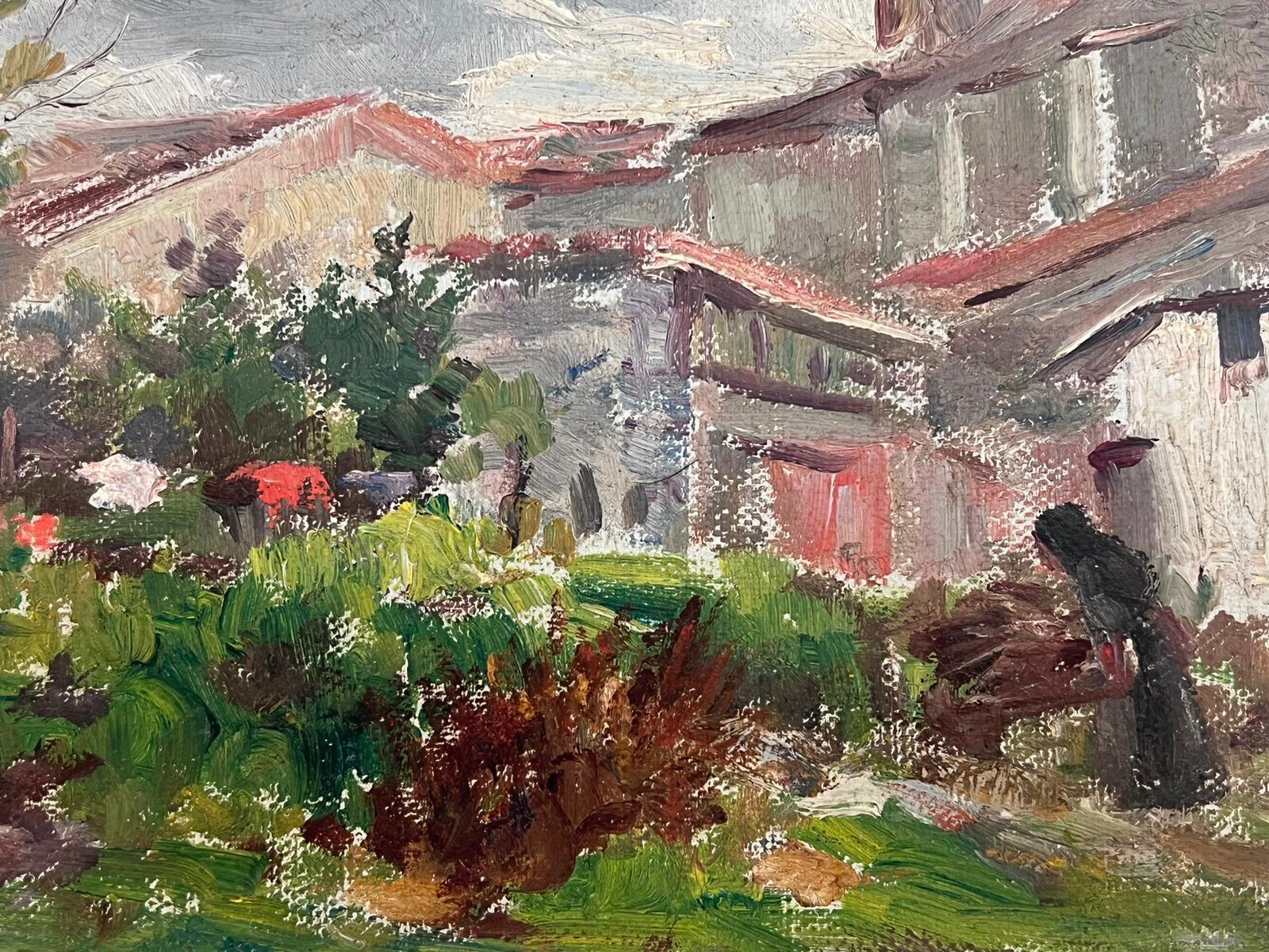 Scène de village rustique avec jardin vert et paysage de village de campagne - École française Painting par French School 