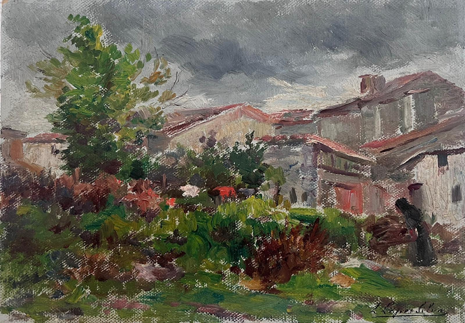 Landscape Painting French School  - Scène de village rustique avec jardin vert et paysage de village de campagne