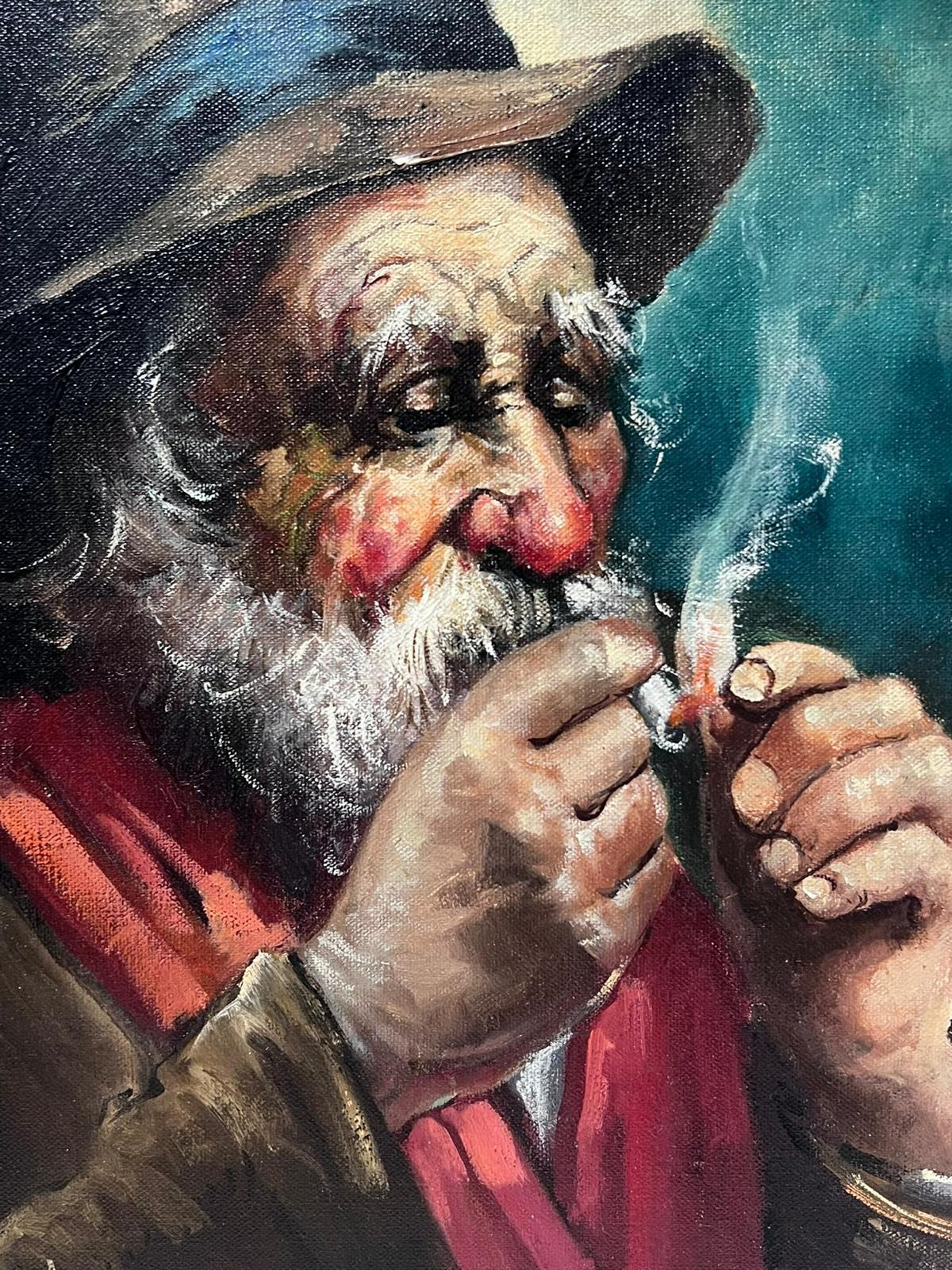Vintage French Signed Oil Painting on Canvas Portrait of Elderly Man Smoking - Black Figurative Painting by French School 