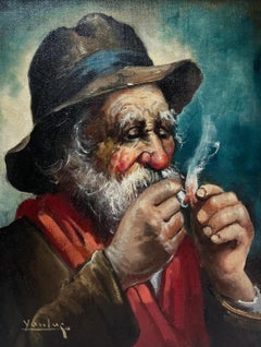 Vintage French Signed Oil Painting on Canvas Portrait of Elderly Man Smoking