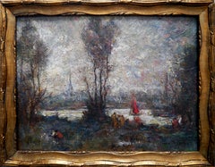 19s 20s Century French Impressionist Oil painting Signed - Landscape Saône River