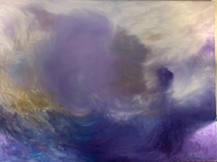 Grande peinture abstraite française contemporaine de nuages violets évoquant un ciel tombé dans le vent