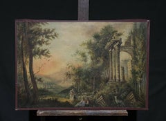 Very Large Antique French Classical Romantic Oil Painting Ancient Ruin Landscape