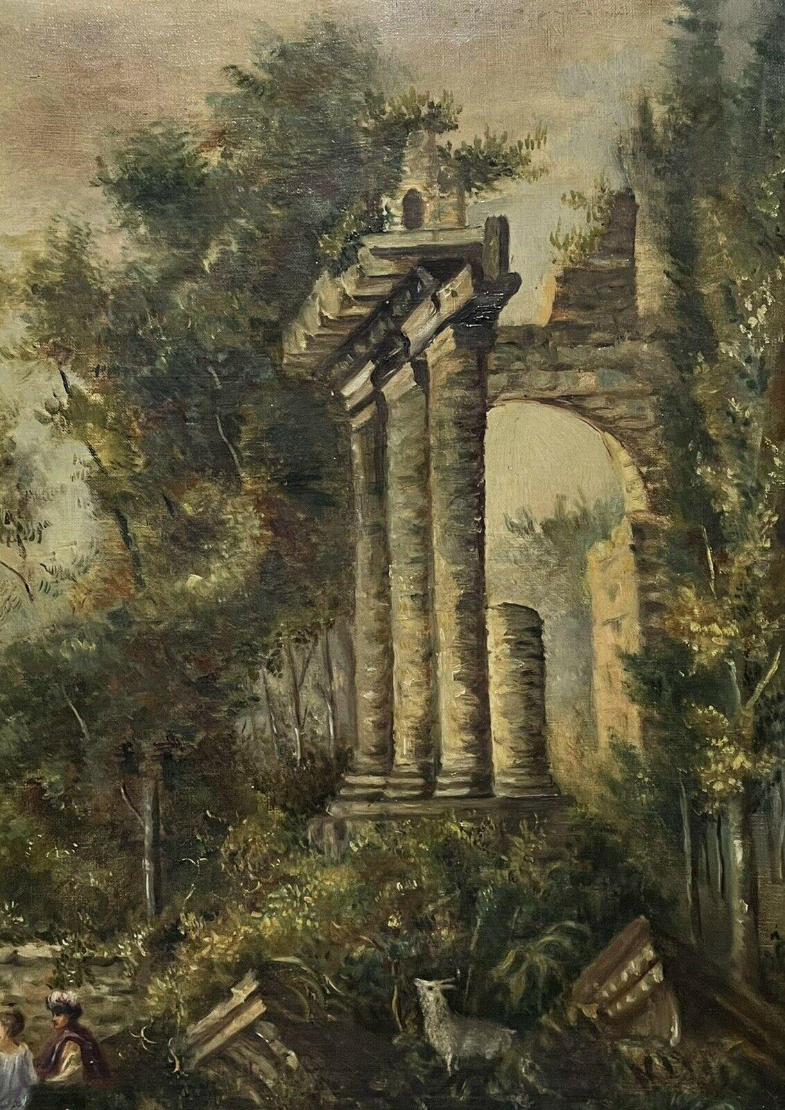 Very Large Antique French Classical Romantic Oil Painting Ancient Ruin Landscape - Black Figurative Painting by Unknown