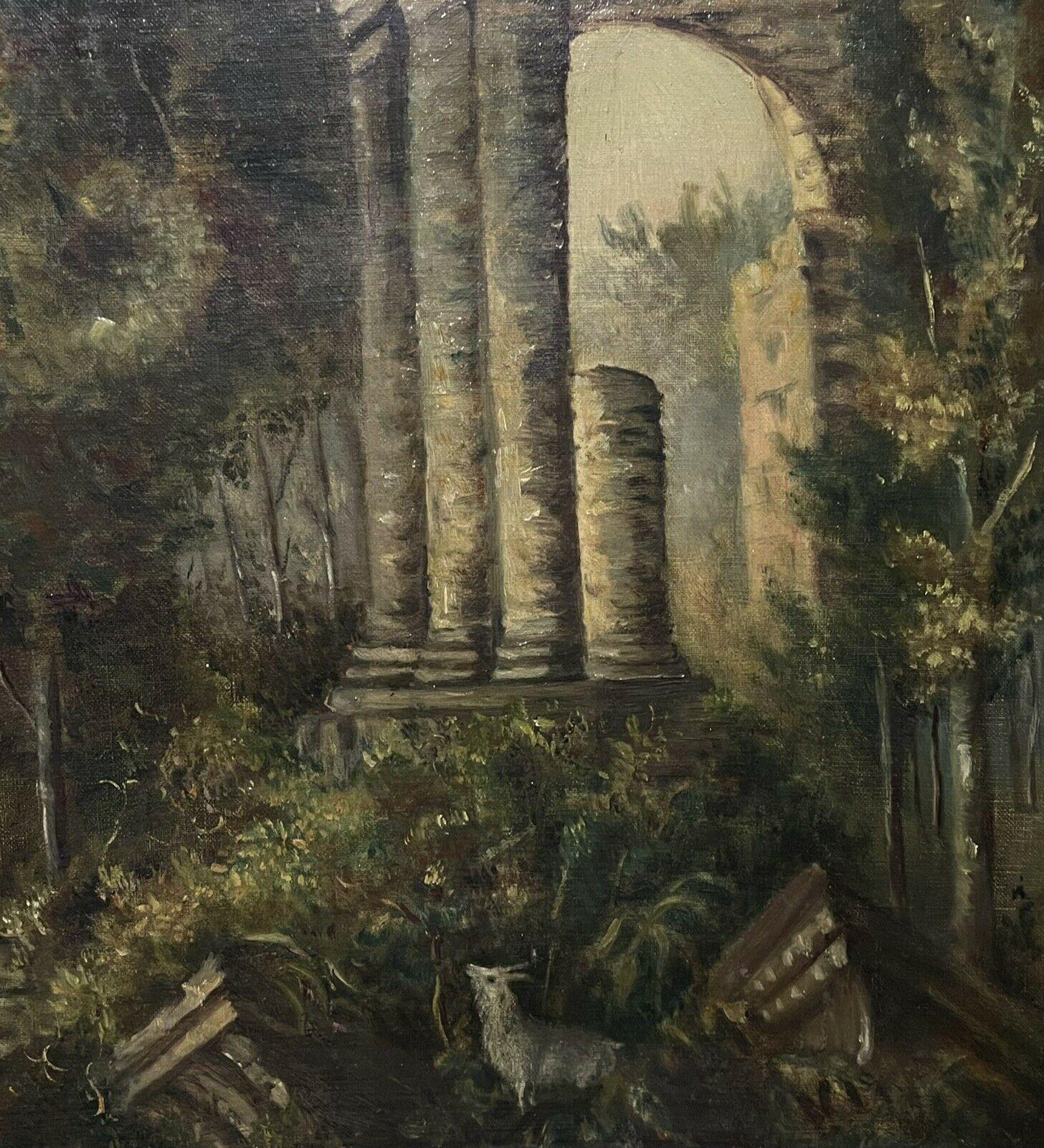 Très grande peinture à l'huile classique française ancienne et romantique d'un paysage de ruine ancienne - Noir Figurative Painting par Unknown