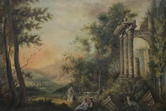 Very Large Antique French Classical Romantic Oil Painting Ancient Ruin Landscape