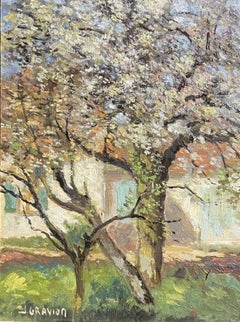 VINTAGE FRENCH SIGNED OIL PAINTING - BLOSSOM TREES IN COUNTRY ORCHARD