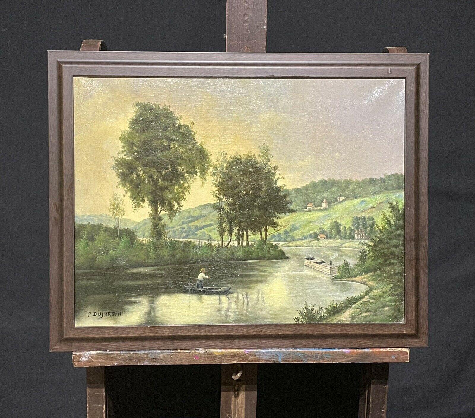 VINTAGE FRENCH SIGNED OIL PAINTING - FIGURE PUNTING IN GOLDEN RIVER LANDSCAPE - Painting by Unknown