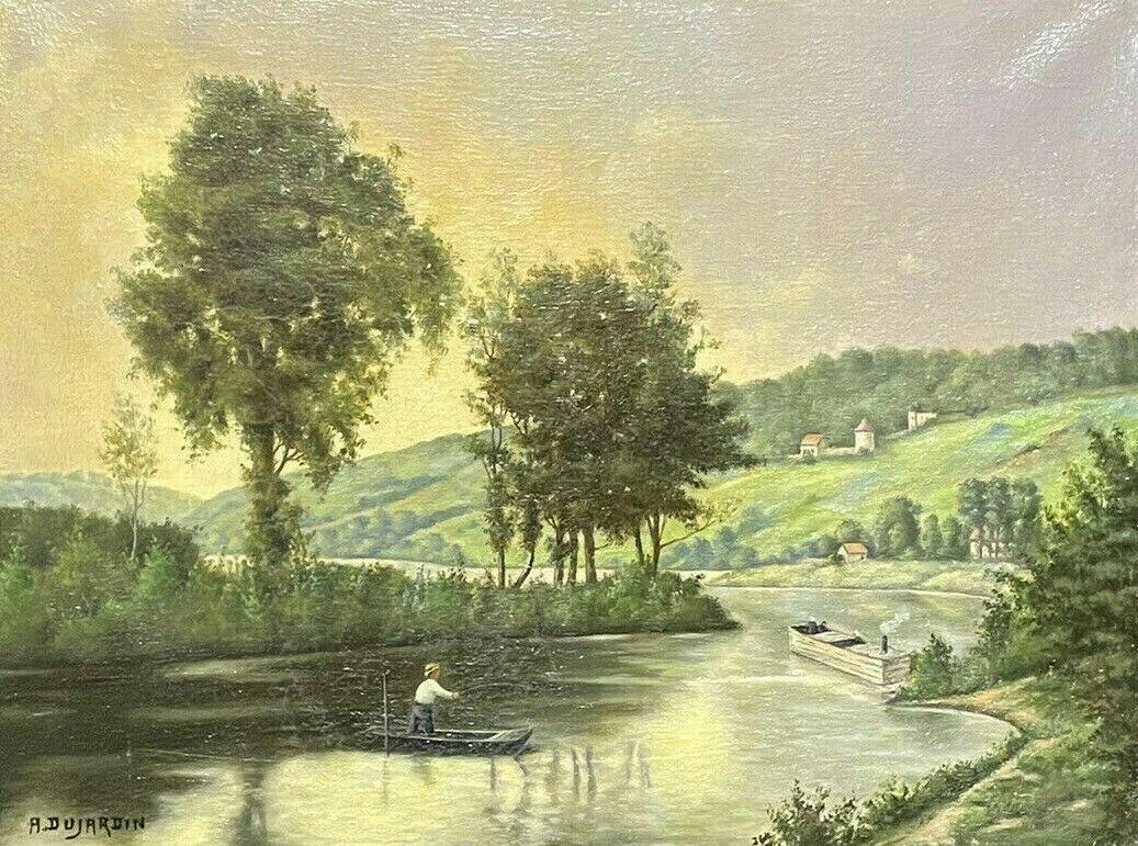 Unknown Landscape Painting - VINTAGE FRENCH SIGNED OIL PAINTING - FIGURE PUNTING IN GOLDEN RIVER LANDSCAPE