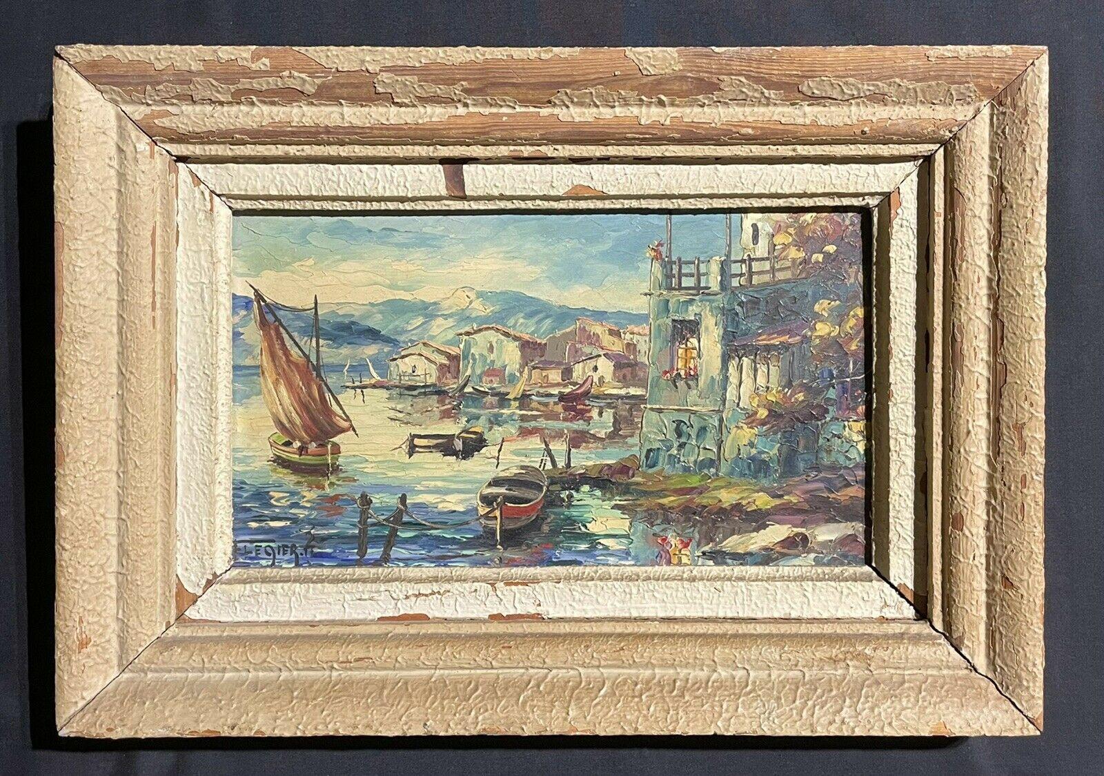 Unknown Landscape Painting - VINTAGE FRENCH SIGNED OIL - SLEEPY MED HARBOUR FISHING BOATS & HOUSES