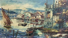 VINTAGE FRENCH SIGNED OIL - SLEEPY MED HARBOUR FISHING BOATS & HOUSES