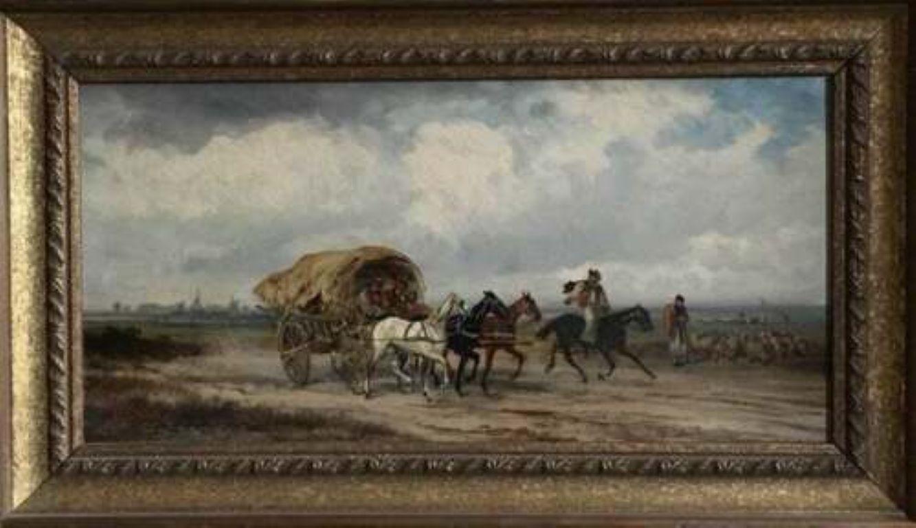 Landscape Painting RUDOLF STONE - Peinture à l'huile victorienne ancienne signée Western Travellers, chevaux vers les années 1890