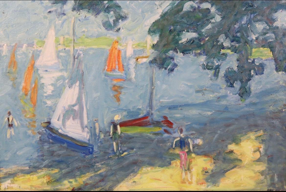 French Fauvist 20th Century Oil on Canvas, Figures Bathing in River & with Boats - Painting by Unknown