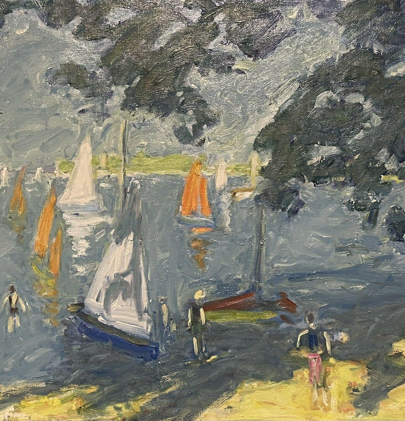 French Fauvist 20th Century Oil on Canvas, Figures Bathing in River & with Boats - Gray Landscape Painting by Unknown