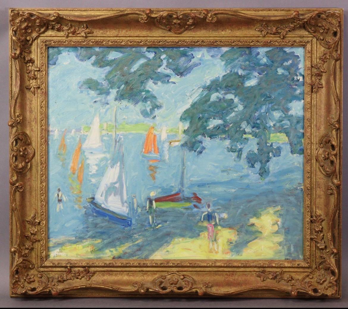 French Fauvist 20th Century Oil on Canvas, Figures Bathing in River & with Boats