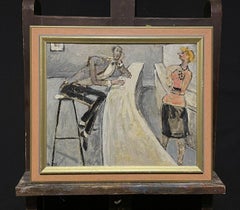 French Modernist Man at Bar Barmaid Paris Interior Oil Painting 1988