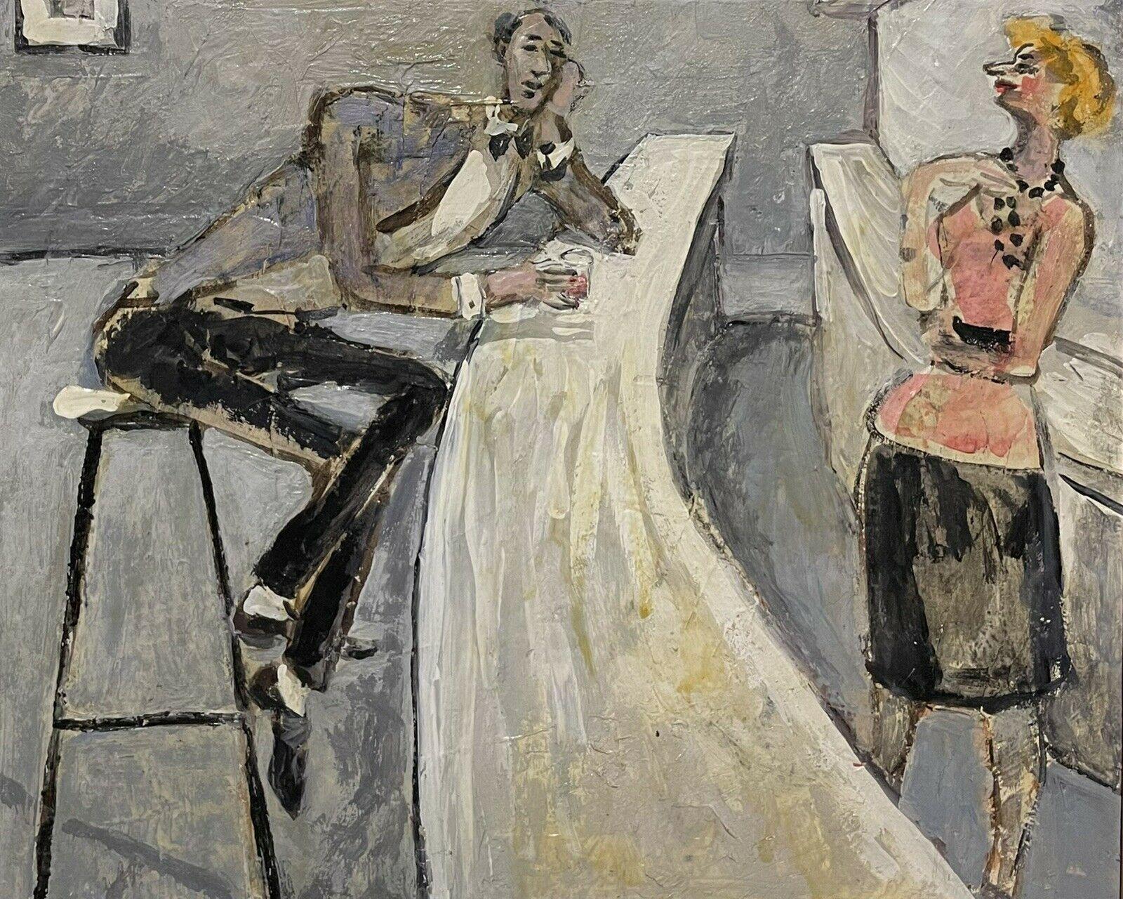Figurative Painting di Unknown - Il bevitore del bar, dipinto ad olio modernista francese firmato - Uomo al bar con barista