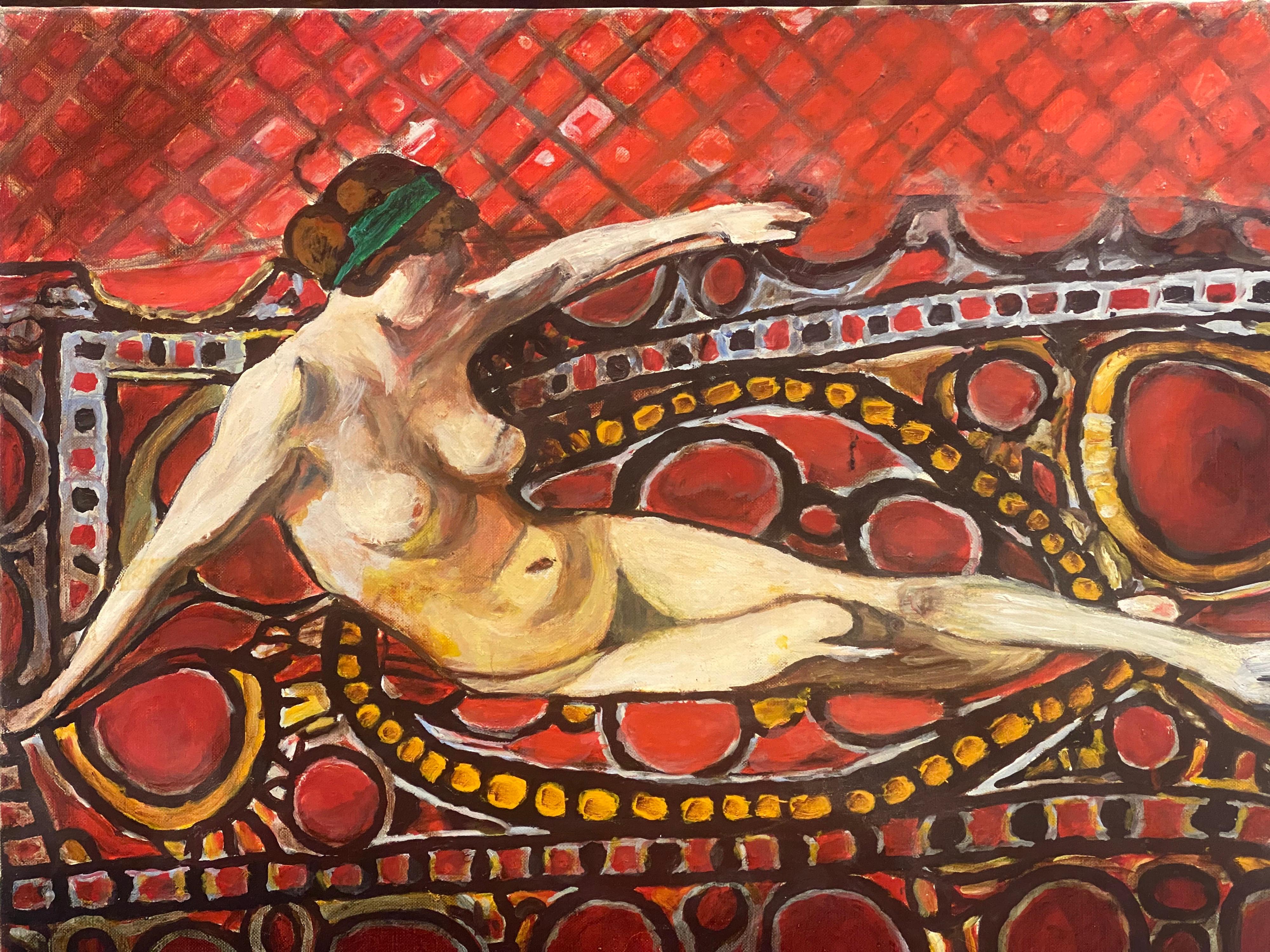 Großes französisches farbenfrohes, modernistisches Ölgemälde, liegender Akt auf rotem Sofa, 1970er Jahre, Öl – Painting von Unknown