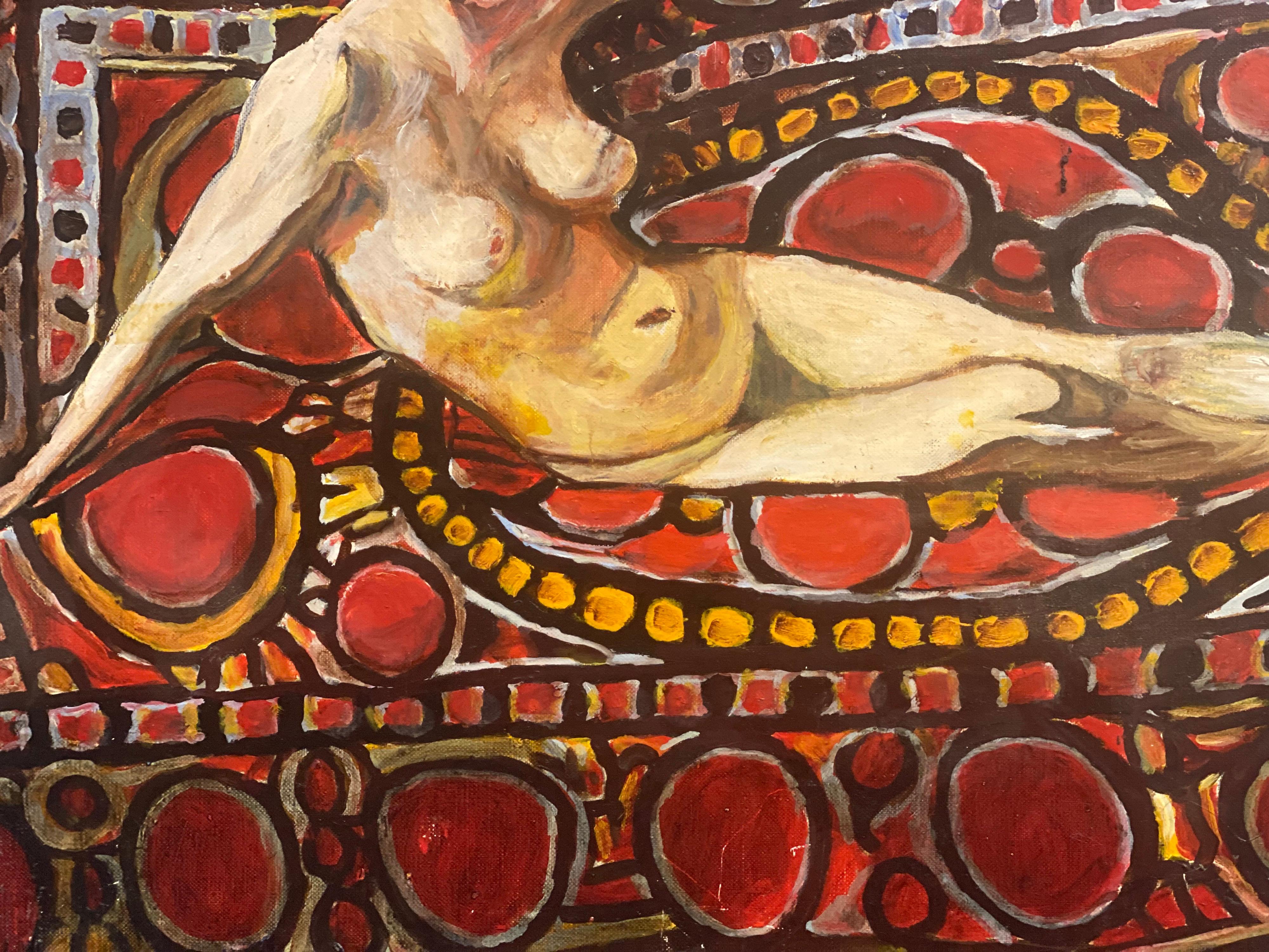 Großes französisches farbenfrohes, modernistisches Ölgemälde, liegender Akt auf rotem Sofa, 1970er Jahre, Öl (Orange), Nude Painting, von Unknown