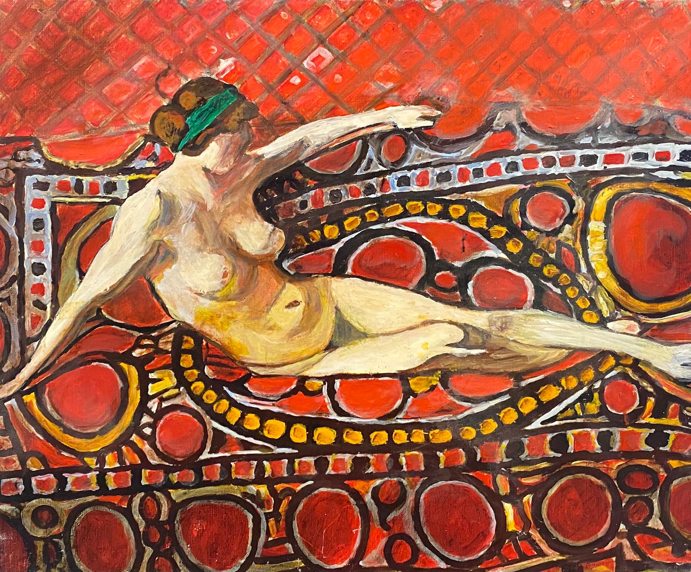 Unknown Nude Painting - Large French Colorist Modernist Oil Reclining Nude on Red Sofa. 1970's Oil